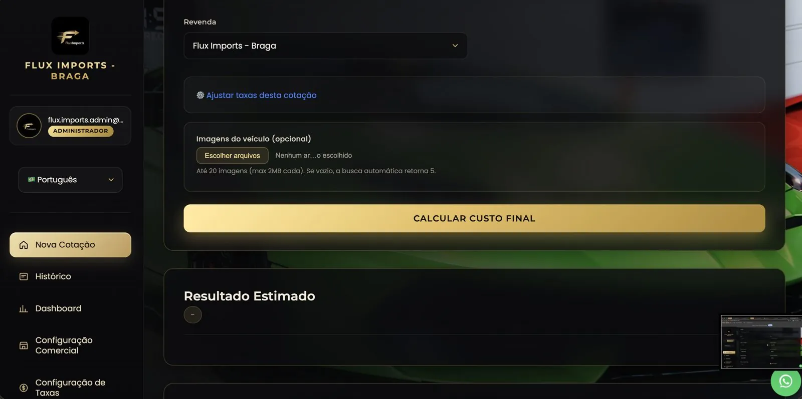 Seletor de perfil de revenda, ajuste de taxas, upload de até 20 imagens e botão Calcular custo final